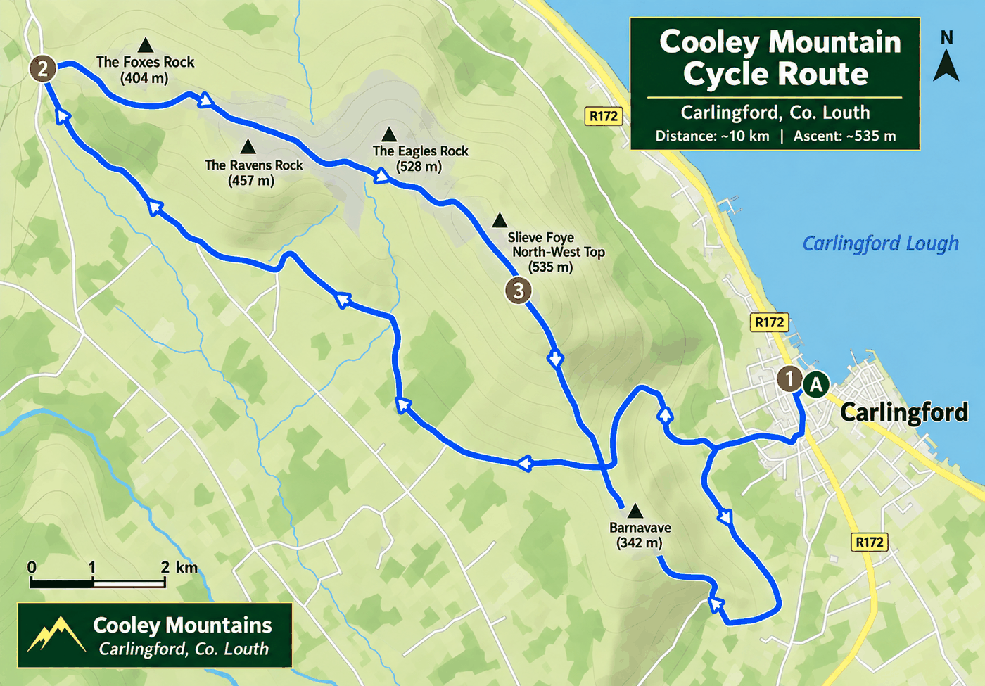 Map of the Cooley Mountain cycle route: a roughly 10km loop starting in
                    Carlingford, climbing past Barnavave and under the north-west top of Slieve
                    Foye, with about 535 metres of ascent.