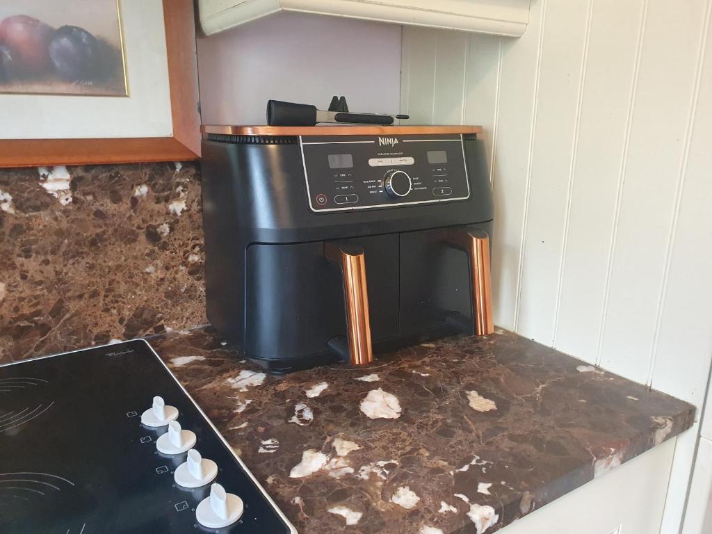 Large Ninja twin-drawer air fryer on the counter beside the hob.