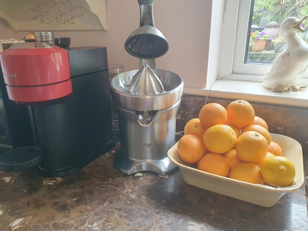 Nespresso machine and a citrus juicer next to a bowl of
                                      fresh oranges and lemons.